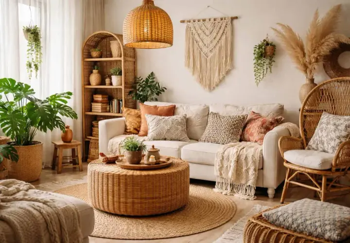 Przytulny salon w stylu boho. Wygodna sofa, rattanowe meble, makrama na ścianie i mnóstwo zielonych roślin tworzą relaksującą atmosferę.