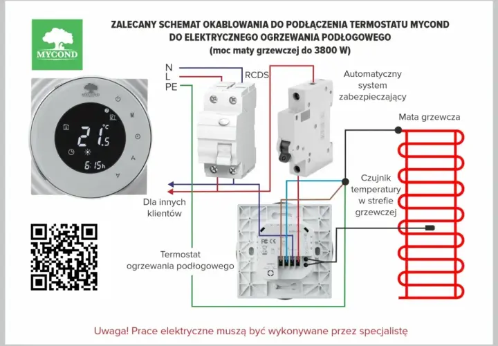 Schemat podłączenia termostatu MYCOND do elektrycznego ogrzewania podłogowego. Sterowniki do ogrzewania podłogowego zapewniają komfort i oszczędność.