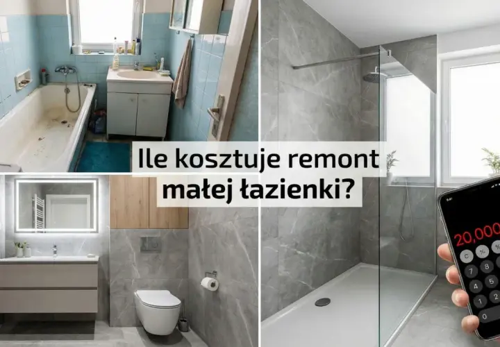 Przed i po remoncie małej łazienki. Na ekranie telefonu widoczna kwota 20 000 zł, sugerująca koszt remontu łazienki 5m2 robocizna.