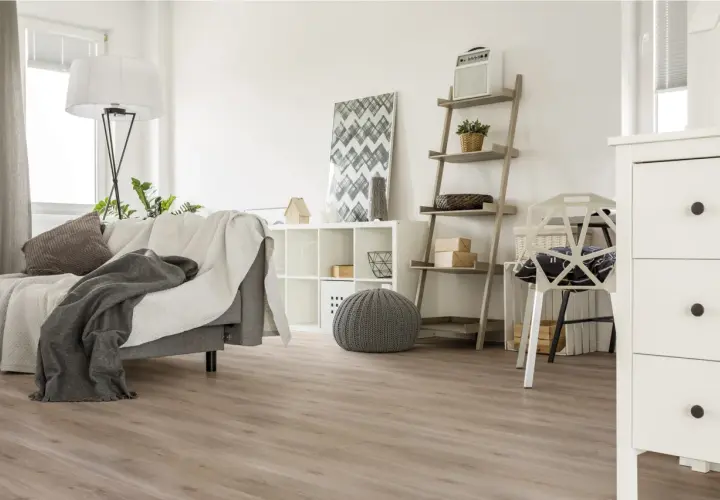 Jasne, oto propozycja:

Nowoczesny salon z szarą kanapą i kocami, białą komodą i regałem. Podłoga wygląda jak panele laminowane czy winylowe.