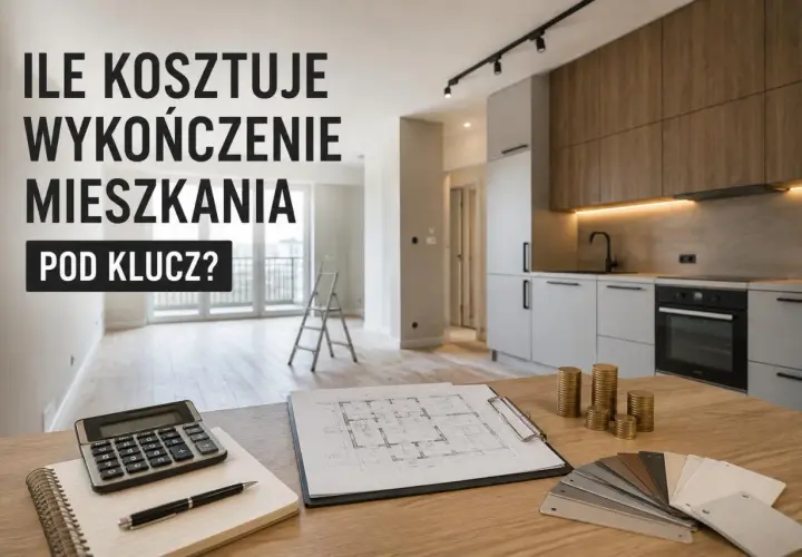 Ile kosztuje wykończenie mieszkania pod klucz? Kalkulator, plany, próbki materiałów i monety na stole sugerują planowanie budżetu.