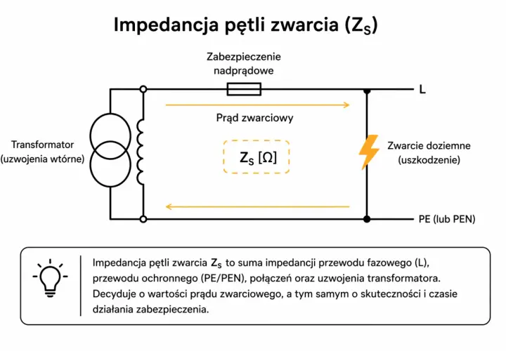 Schemat wyjaśnia, impedancja co to jest w kontekście pętli zwarcia. Pokazuje transformator, zabezpieczenie nadprądowe i drogę prądu zwarciowego.