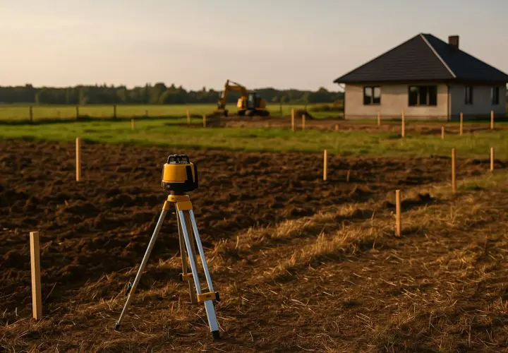 Precyzyjne tyczenie fundamentów na działce po odrolnieniu. Niwelator laserowy i paliki wyznaczają przyszły kształt domu. W tle koparka i budynek.