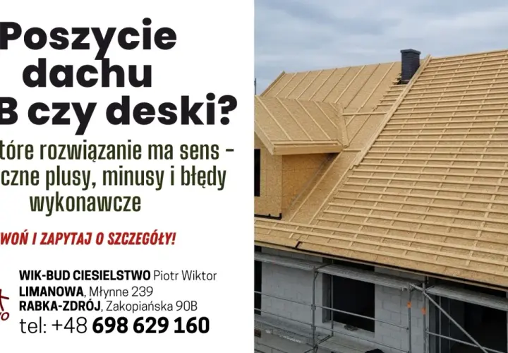 Dach w trakcie budowy z widocznym deskowaniem z płyt OSB i łaceniem. Rozważasz poszycie dachu OSB czy deski? Zadzwoń po fachową poradę!