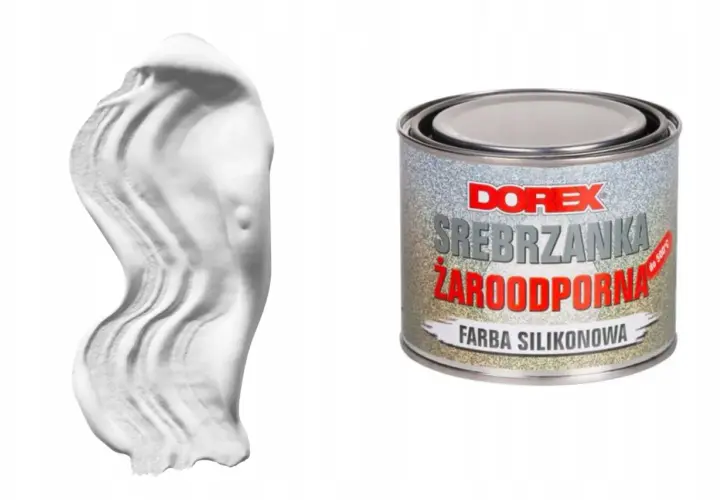 Srebrzanka żaroodporna DOREX w puszce, obok próbka białej farby silikonowej.