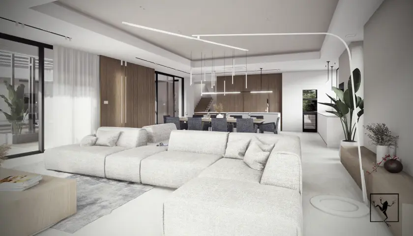 Nowoczesny salon z jadalnią i kuchnią, jasne meble, drewniane akcenty, rośliny.