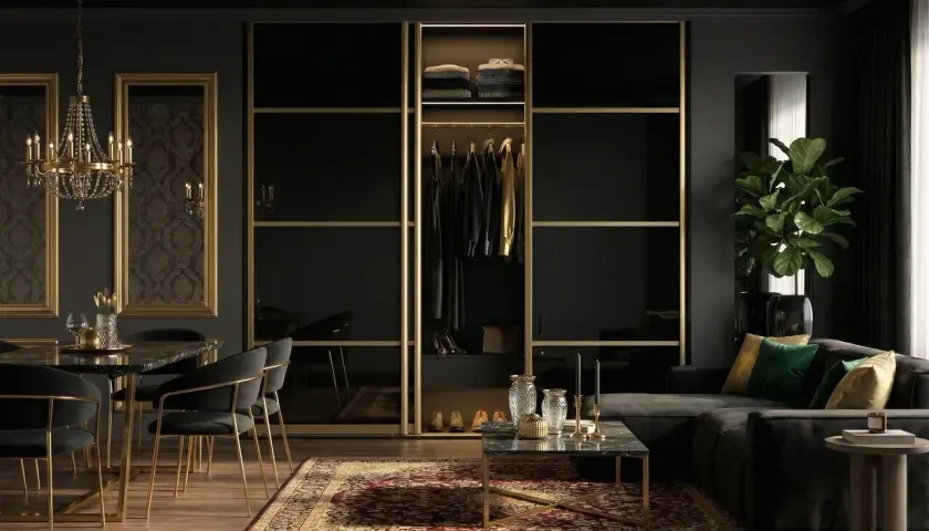 Elegancja w czerni: salon z czarną szafą, sofą i złotymi detalami.