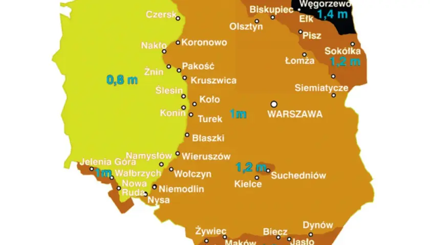 Mapa Polski z zaznaczonymi strefami przemarzania gruntu. Różne kolory oznaczają głębokość przemarzania, np. 0,8 m, 1 m, 1,2 m, 1,4 m.