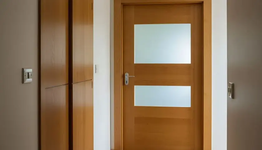 Nowoczesne drzwi z dwoma przeszkleniami, idealne, by pokazać, jak przerobić stare drzwi z szybą na nowoczesne.