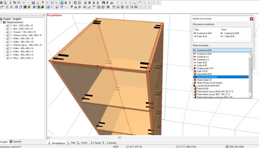 Program do projektowania mebli darmowy. Widok 3D szafki kuchennej z listą elementów i opcjami mocowań.