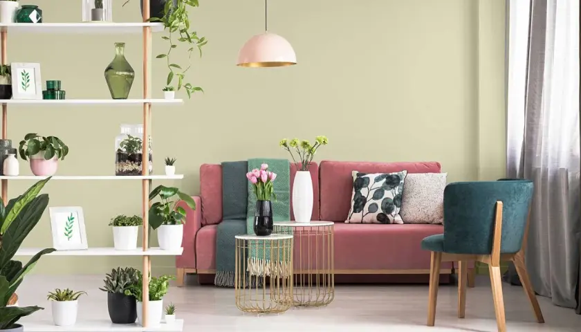 Salon z różową kanapą i zielonymi akcentami. Oliwkowa zieleń ścian tworzy spokojną atmosferę.