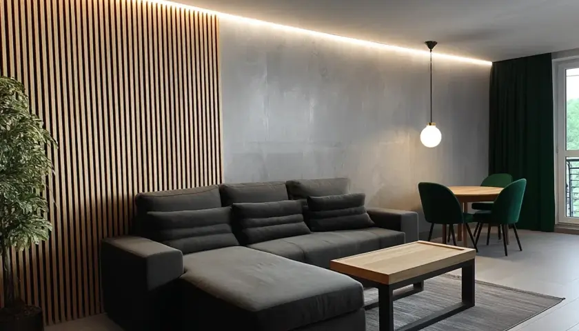 Nowoczesny salon w stylu loft z drewnianą ścianką, szarą sofą i jadalnią.