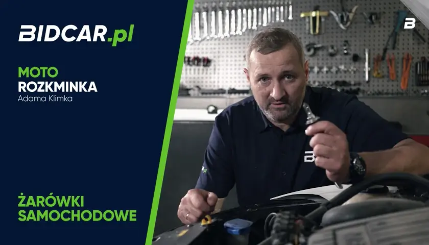 Mężczyzna pokazuje, jak wymienić żarówkę samochodową. W tle warsztat z narzędziami.