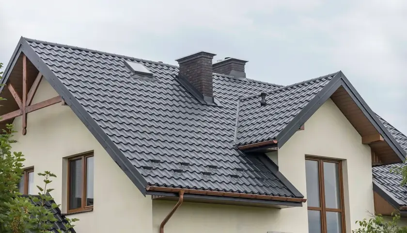 Nowoczesne opierzenie dachu z ciemnej blachodachówki, z dwoma kominami i okapem.