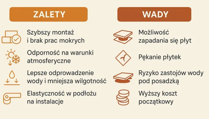 Taras wentylowany wady: zapadanie się płyt, pękanie, zastój wody pod posadzką, wyższy koszt początkowy.