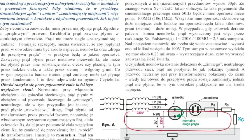 Schemat obwodu z neonówką, pokazujący przepływ prądu i napięcie.