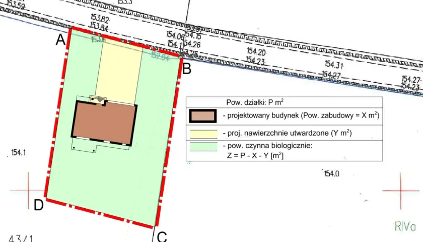 Mapa zasadnicza do warunków zabudowy: projektowany budynek, nawierzchnie utwardzone i powierzchnia biologicznie czynna.