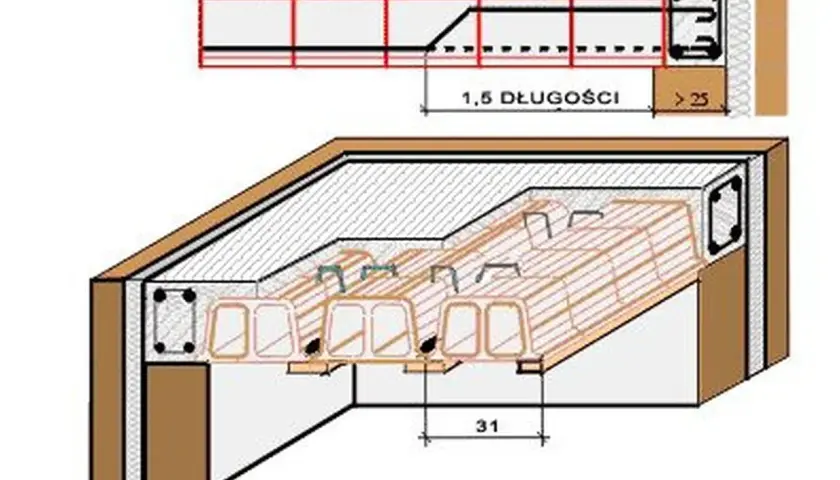 Schemat stropu ackermana z widokiem przekroju i perspektywy, pokazujący belki i zbrojenie.