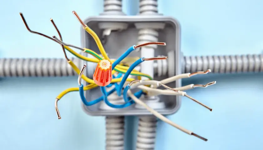 Instalacja elektryczna bezpuszkowa z kolorowymi przewodami i pomarańczowym złączem.