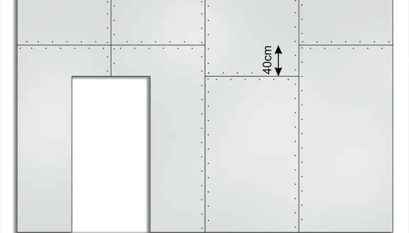 Schemat przedstawia fragment ściany z płyt gipsowo-kartonowych, z zaznaczonymi wymiarami płyty gk 40cm.