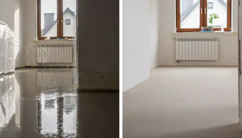 Po lewej mokra wylewka samopoziomująca, po prawej sucha. Czas schnięcia zależy od warunków.