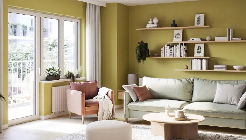 Jasnozielone, modne kolory ścian tworzą przytulną atmosferę w salonie z pastelową sofą i fotelem.