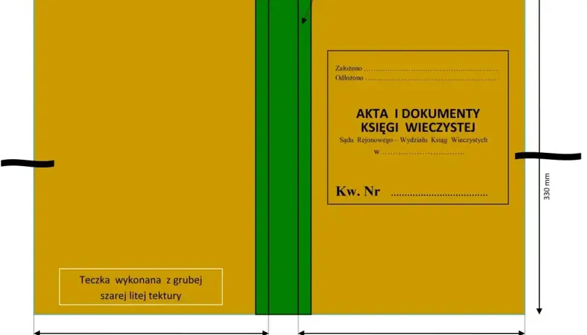 Projekt teczki na akta i dokumenty księgi wieczystej. Wniosek o założenie księgi wieczystej można tu przechowywać.
