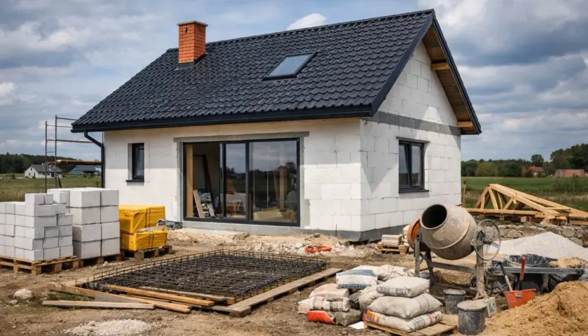 Budowa domu 80m2. Białe bloczki, czarny dach, betonowa zaprawa i materiały budowlane na placu.