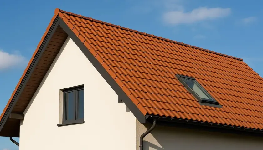 Nowy, czerwony dach dwuspadowy z dachówką ceramiczną i oknem połaciowym, lśni w słońcu na tle błękitnego nieba.