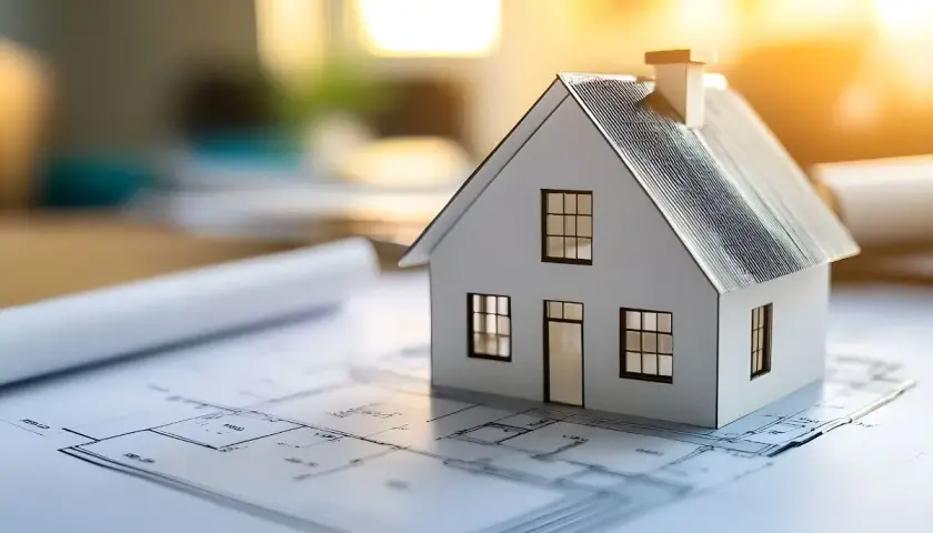 Model domu na planach architektonicznych. Pokazuje, ile jest ważne pozwolenie na budowę, by marzenie o własnym domu stało się rzeczywistością.
