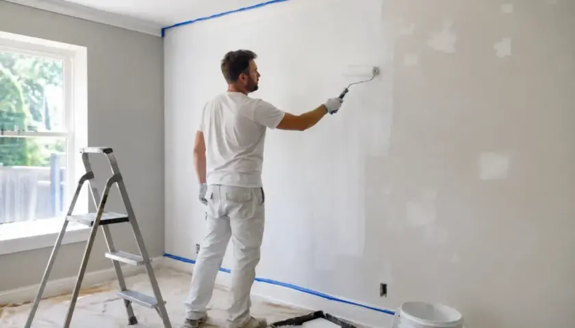Mężczyzna maluje ścianę na biało. Ciekawi go, ile schnie grunt, zanim nałoży kolejną warstwę.
