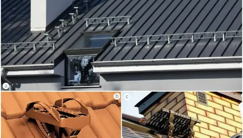 Systemy bezpieczeństwa na dachu: drabinki, stopnie kominiarskie i ławy. Nawet w zimne dni, gdy śnieg i lód pokrywają dach, papa na zimno nie stanowi przeszkody dla bezpiecznego poruszania się.