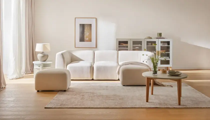 Jasny, monochromatyczny salon z wygodną sofą, pufą i stolikiem kawowym.