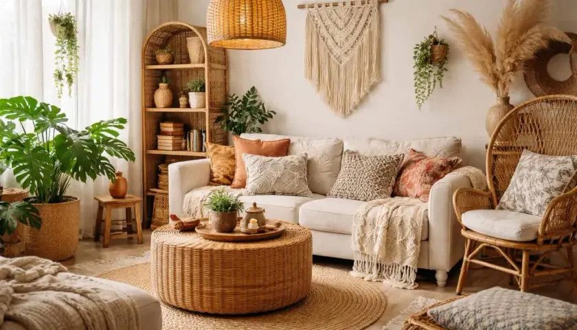 Przytulny salon w stylu boho. Wygodna sofa, rattanowe meble, makrama na ścianie i mnóstwo zielonych roślin tworzą relaksującą atmosferę.