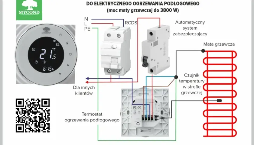 Schemat podłączenia termostatu MYCOND do elektrycznego ogrzewania podłogowego. Sterowniki do ogrzewania podłogowego zapewniają komfort i oszczędność.