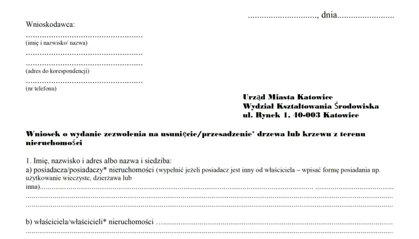 Wniosek o zezwolenie na wycinkę drzew na działce. Dokument zawiera dane wnioskodawcy i adresata, którym jest Urząd Miasta Katowice.