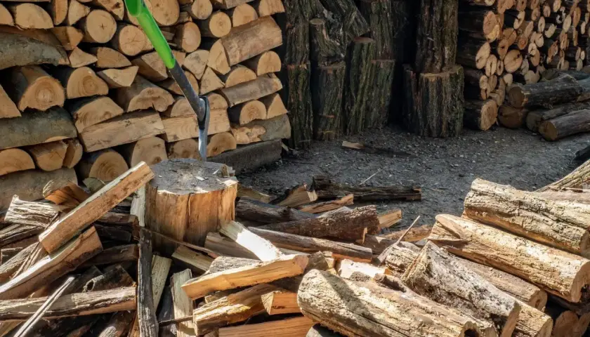 Stos drewna opałowego, siekiera wbita w pień. Wiele polan, przygotowanie do zimy. Cena drewna opałowego może być wysoka.