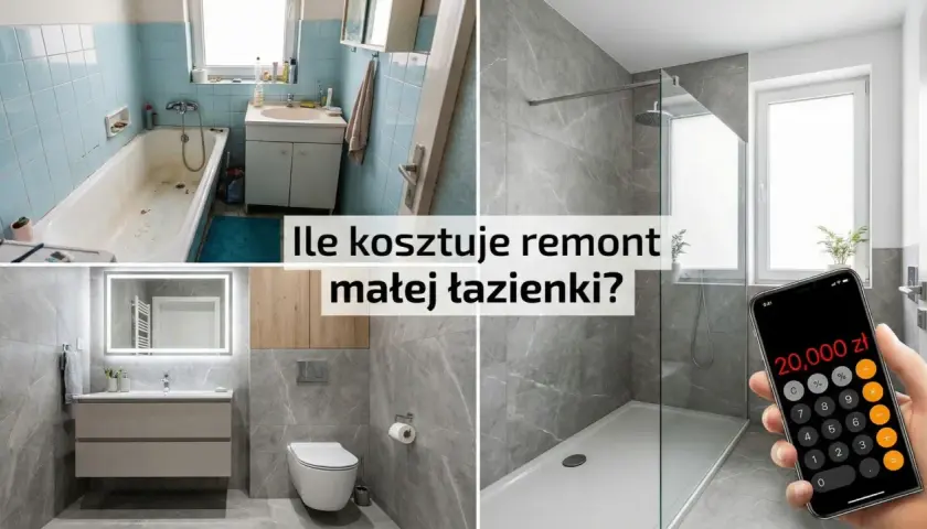 Przed i po remoncie małej łazienki. Na ekranie telefonu widoczna kwota 20 000 zł, sugerująca koszt remontu łazienki 5m2 robocizna.