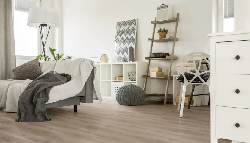 Jasne, oto propozycja:

Nowoczesny salon z szarą kanapą i kocami, białą komodą i regałem. Podłoga wygląda jak panele laminowane czy winylowe.