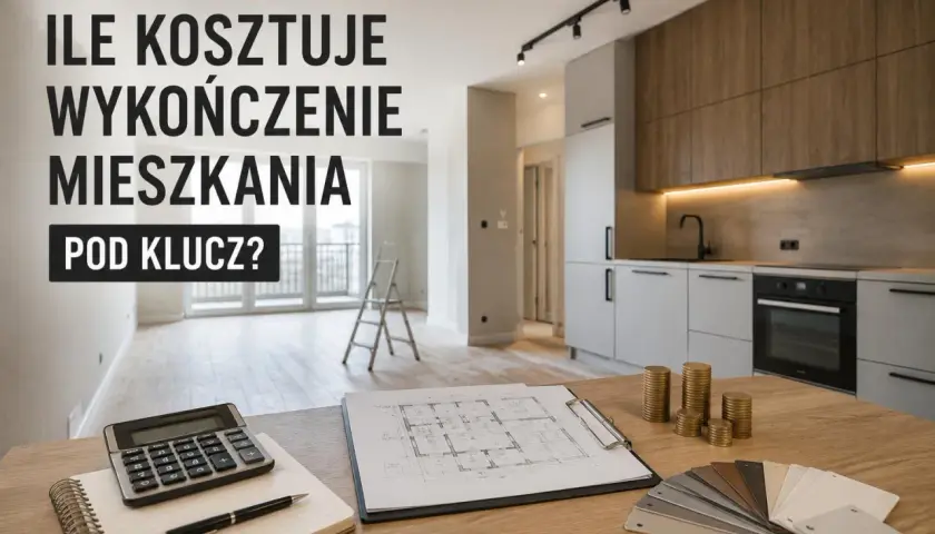 Ile kosztuje wykończenie mieszkania pod klucz? Kalkulator, plany, próbki materiałów i monety na stole sugerują planowanie budżetu.