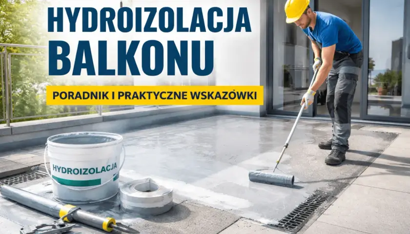Pracownik wykonuje hydroizolację balkonu, używając wałka do aplikacji masy. Na pierwszym planie wiadro z napisem "HYDROIZOLACJA".