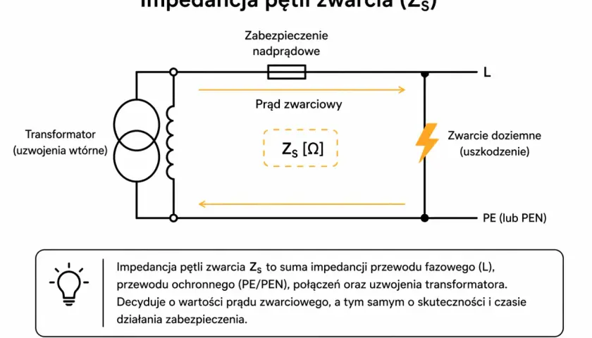Schemat wyjaśnia, impedancja co to jest w kontekście pętli zwarcia. Pokazuje transformator, zabezpieczenie nadprądowe i drogę prądu zwarciowego.