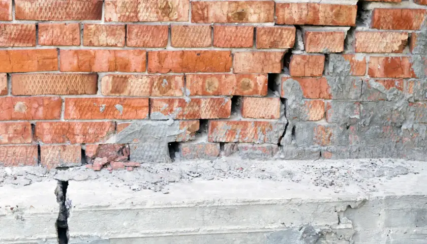 Uszkodzona ceglana ściana z widocznym pęknięciem w betonie, wskazującym na podbijanie fundamentów.