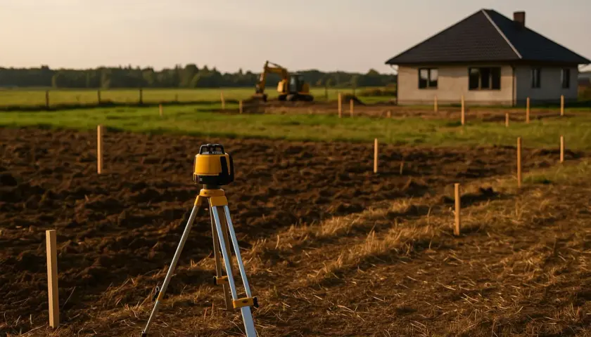 Precyzyjne tyczenie fundamentów na działce po odrolnieniu. Niwelator laserowy i paliki wyznaczają przyszły kształt domu. W tle koparka i budynek.