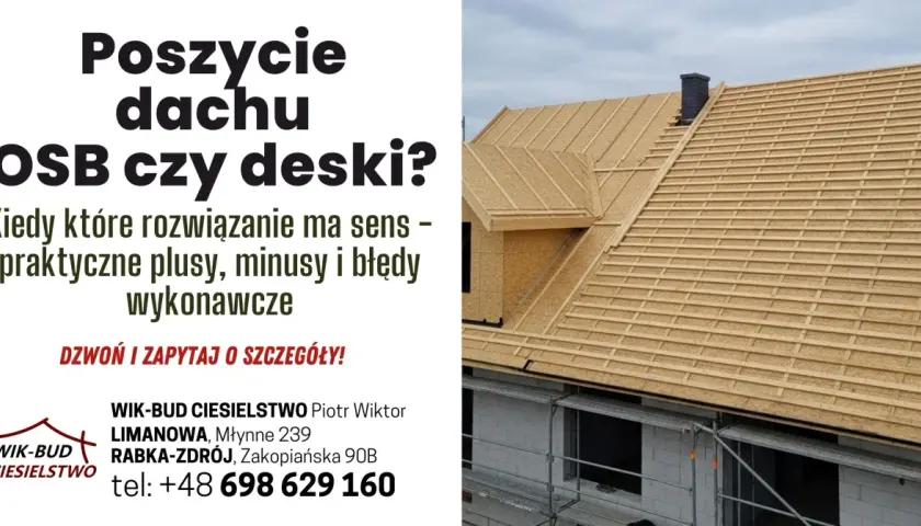 Dach w trakcie budowy z widocznym deskowaniem z płyt OSB i łaceniem. Rozważasz poszycie dachu OSB czy deski? Zadzwoń po fachową poradę!