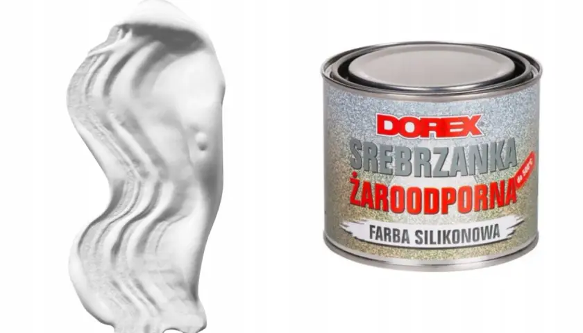 Srebrzanka żaroodporna DOREX w puszce, obok próbka białej farby silikonowej.
