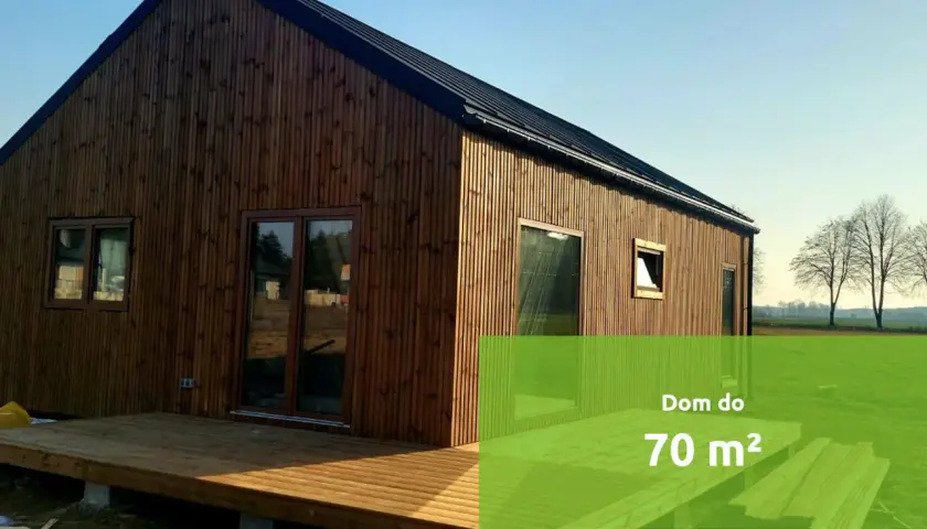 Drewniany dom 70m2 bez pozwolenia, projekt za darmo. Nowoczesna bryła z tarasem, idealny na działkę.