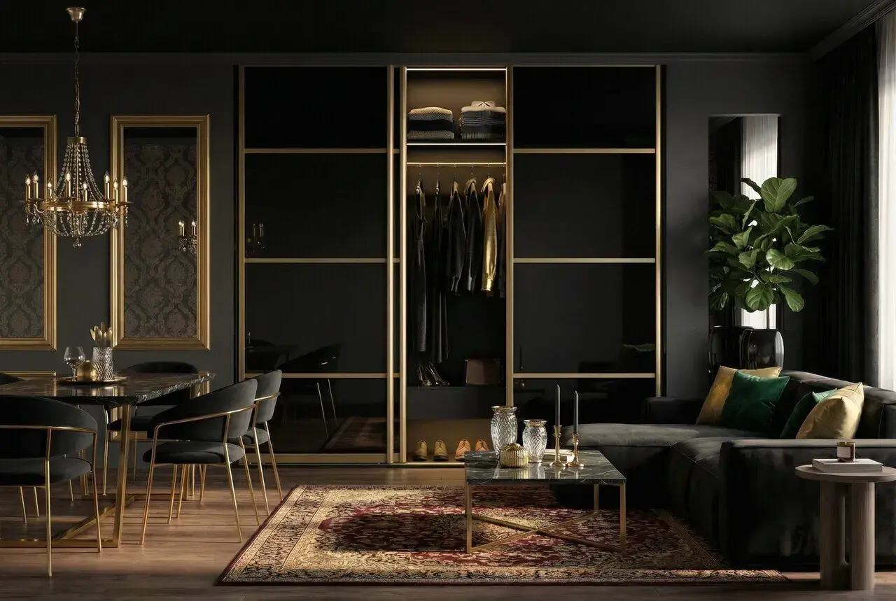 Elegancja w czerni: salon z czarną szafą, sofą i złotymi detalami.