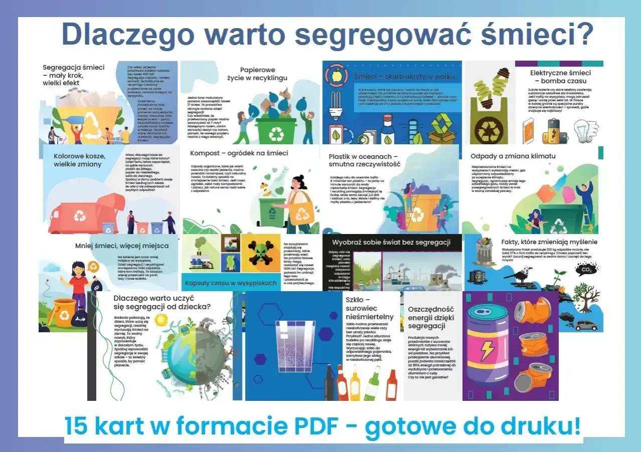 Segregacja śmieci kolory: kosze na śmieci, segregacja odpadów, recykling, kompostowanie, plastik w oceanach, energia z recyklingu.