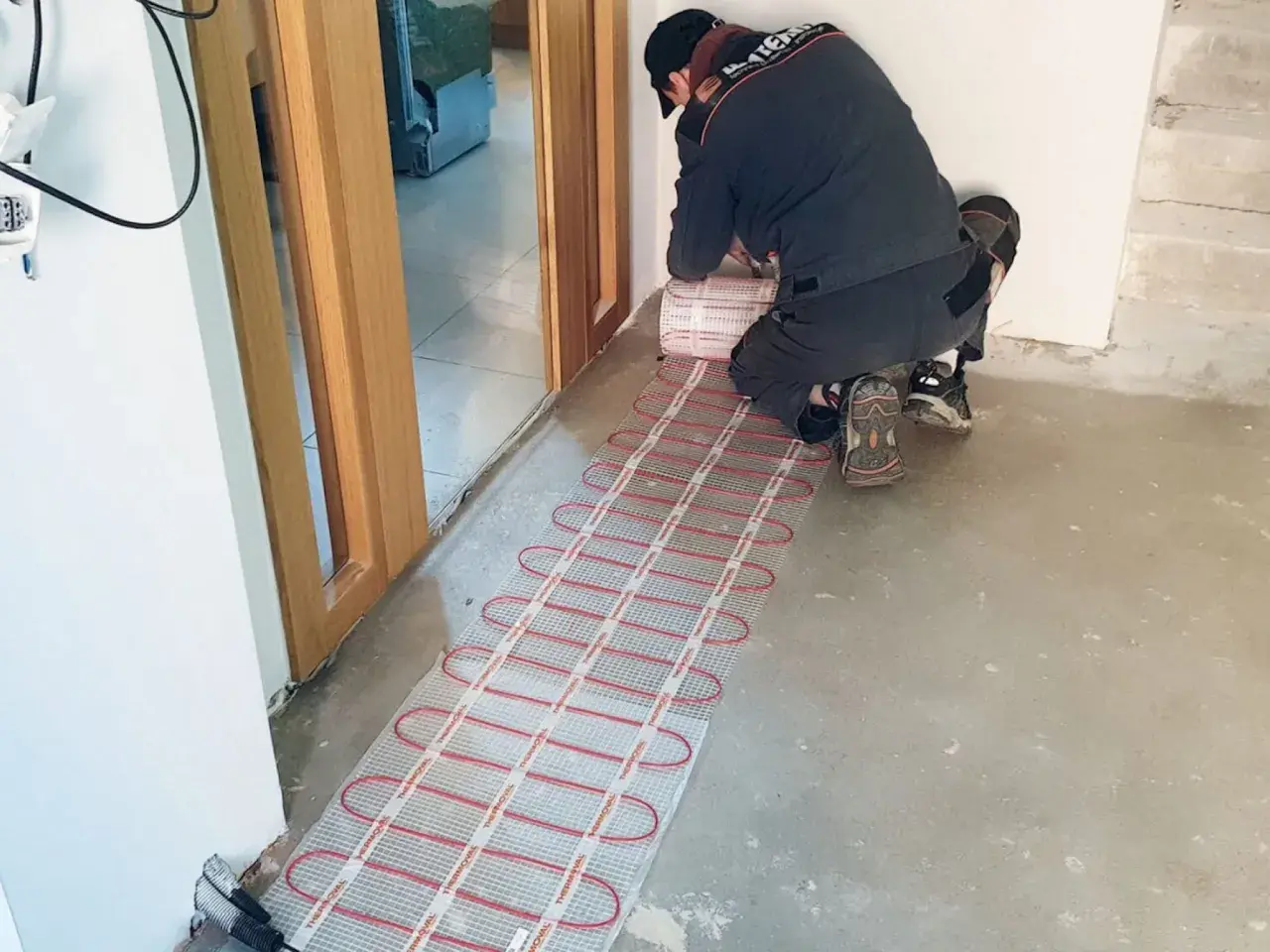 Instalator montuje matę grzewczą, przygotowując podłogę do komfortowego ogrzewania. To inwestycja w przyszłość, która obniży koszt ogrzewania podłogowego.